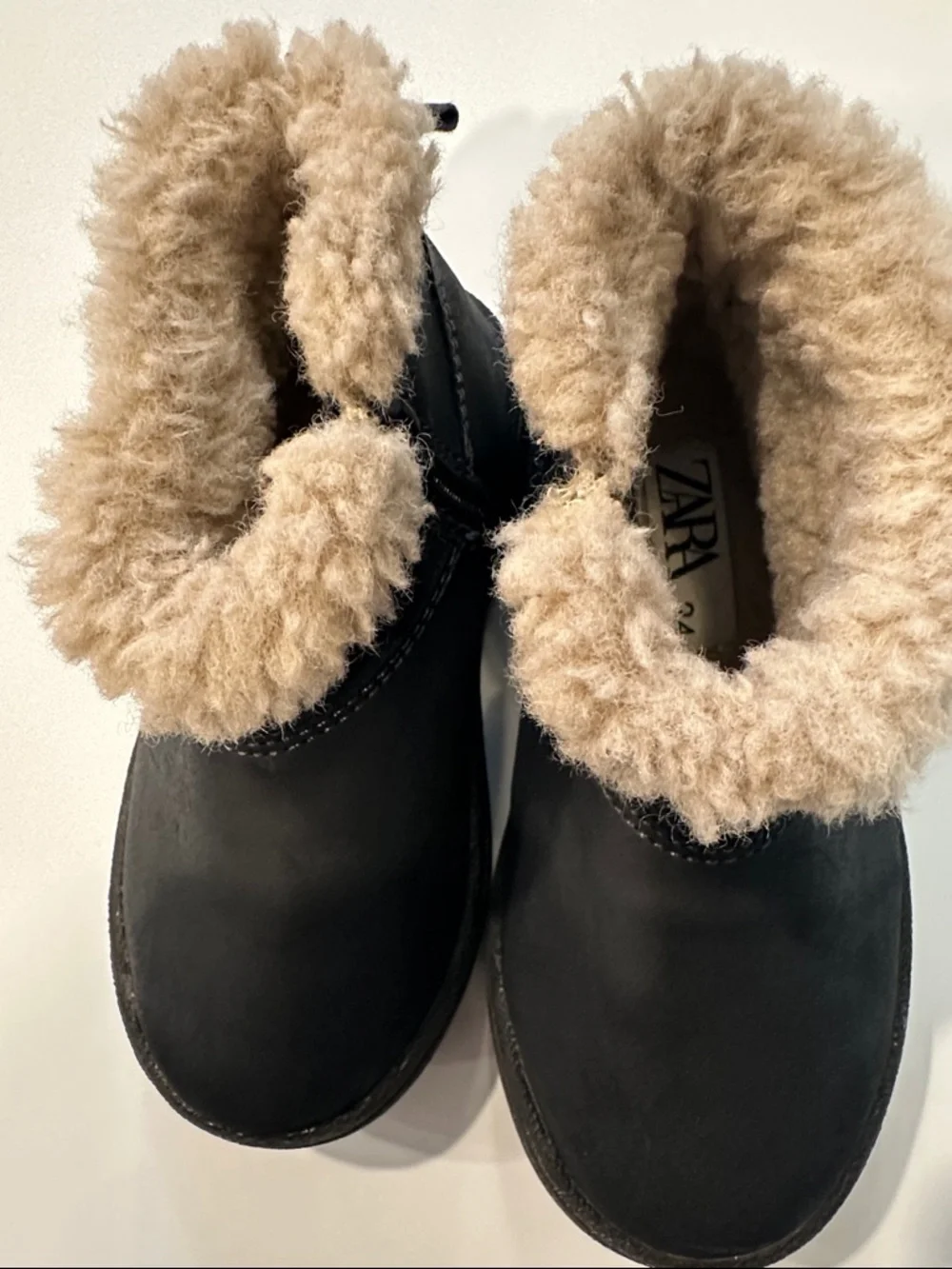 Zara Kids Black‎ Faux Shearling Lined Ankle Boots Side Zip Winter Shoes Size 24